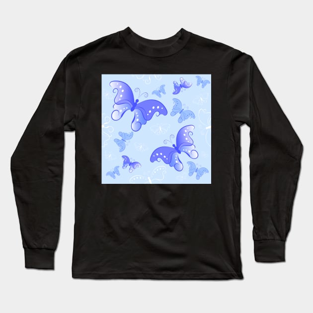 Seamless pattern from butterflies ( Blue ) Long Sleeve T-Shirt by Blackmoon9